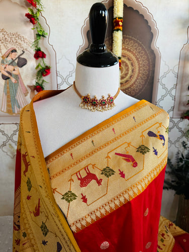 Banarasi Katan Silk Paithani Saree | Red | Handwoven | Silk Mark Certified | Ships from California